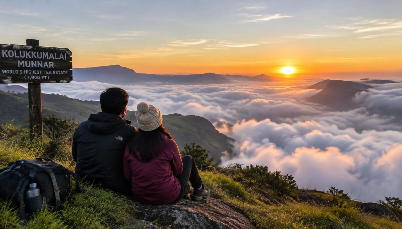 Couple watching the clouds over the Munnar hills at sunrise