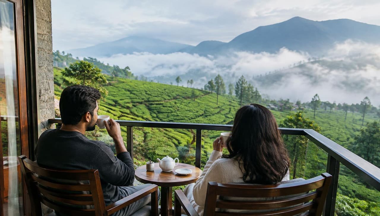 Couple with tea on a balcony above the Munnar tea hills